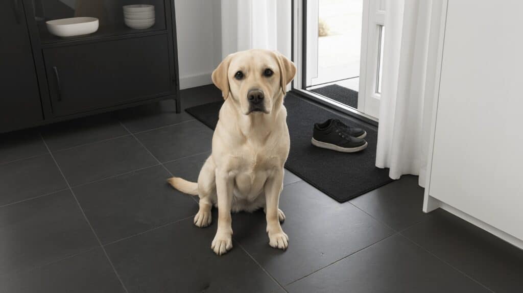 Labrador sitting by a door on a tiled floor with a doormat and shoes, illustrating Mattigo’s World Animal Day article.